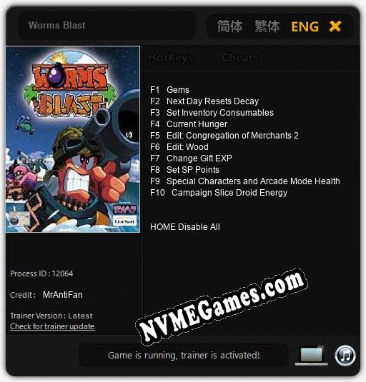 Worms Blast: Trainer +10 [v1.7]