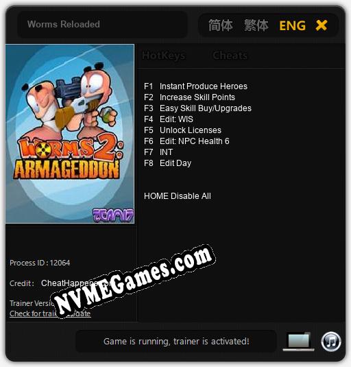 Worms Reloaded: Trainer +8 [v1.6]