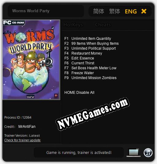 Worms World Party: Trainer +9 [v1.2]