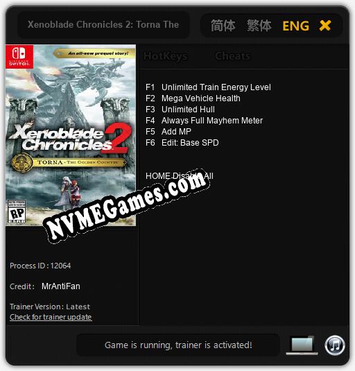 Treinador liberado para Xenoblade Chronicles 2: Torna The Golden Country [v1.0.5]