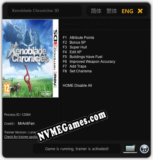Treinador liberado para Xenoblade Chronicles 3D [v1.0.6]