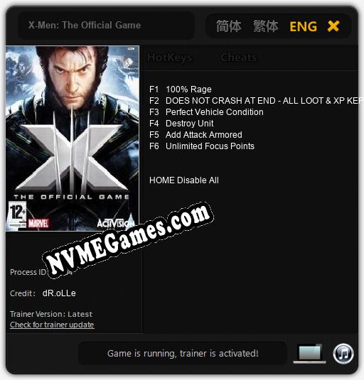 Treinador liberado para X-Men: The Official Game [v1.0.7]