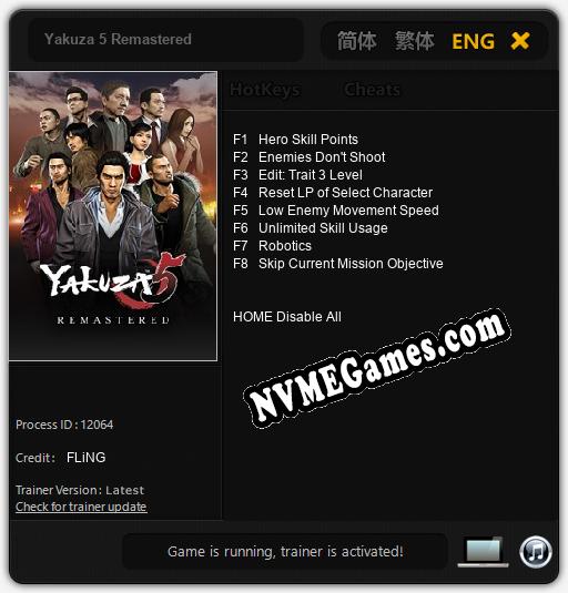 Yakuza 5 Remastered: Cheats, Trainer +8 [FLiNG]