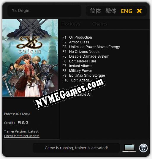 Treinador liberado para Ys Origin [v1.0.3]