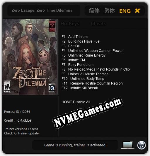 Zero Escape: Zero Time Dilemma: Trainer +12 [v1.1]