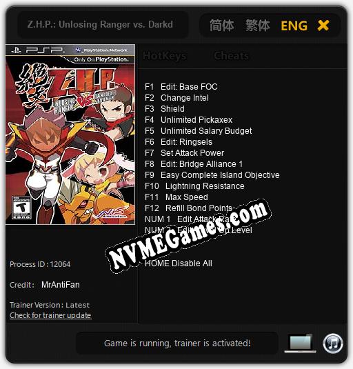 Z.H.P.: Unlosing Ranger vs. Darkdeath Evilman: Cheats, Trainer +14 [MrAntiFan]