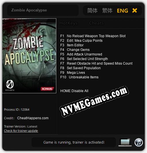 Treinador liberado para Zombie Apocalypse [v1.0.1]